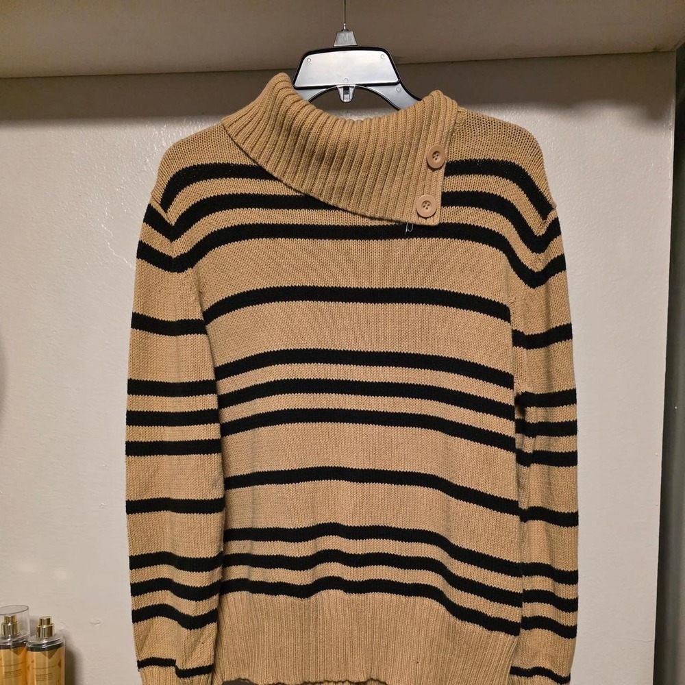 Kim Rogers Womens Tan Black Striped Button Collar Knit Sweater Size M